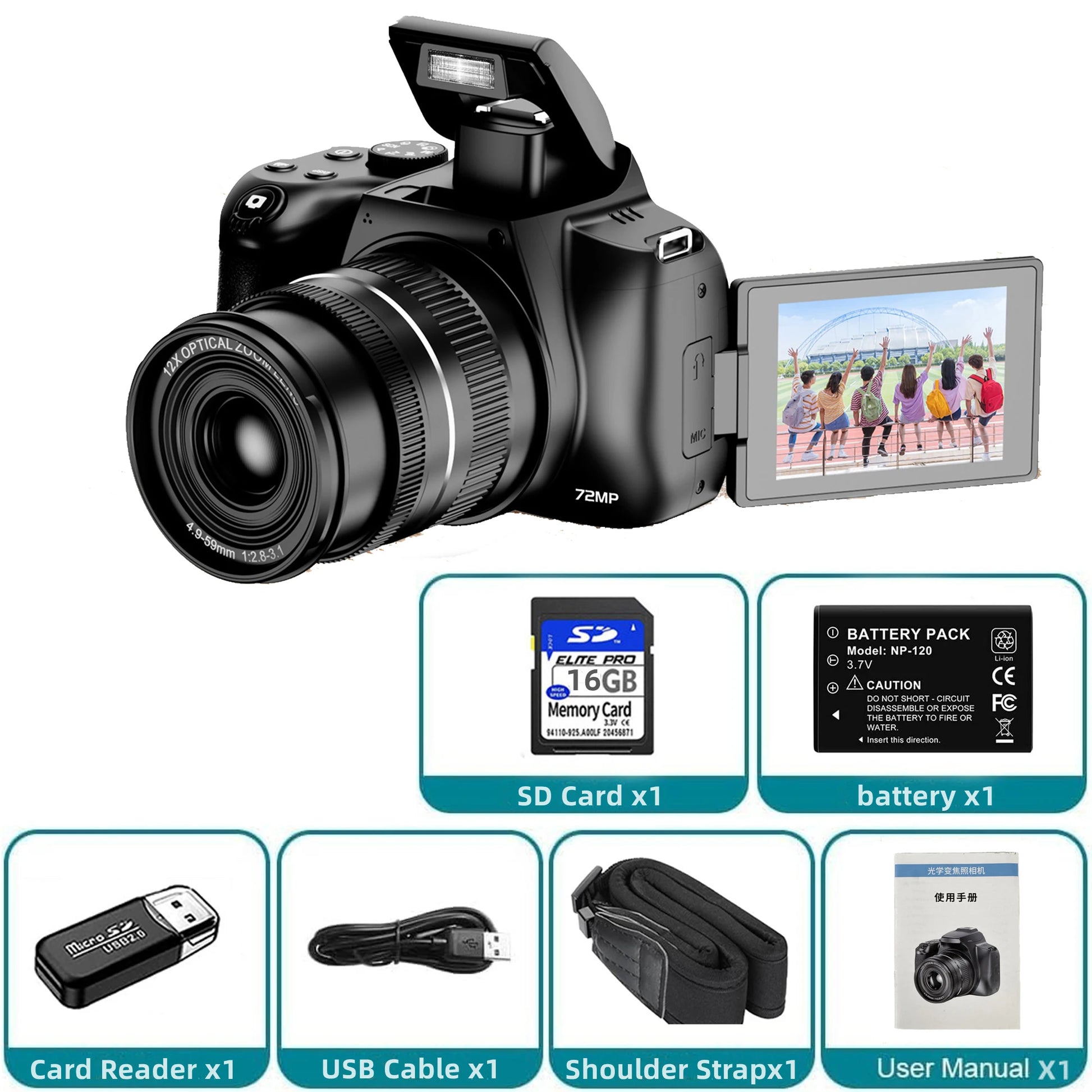 12X Optical Zoom Cameras for Photography Auto Focus 4K 72MP Digital Video Vlog Camera Wifi Livestream Camcorder 270°Flip Screen