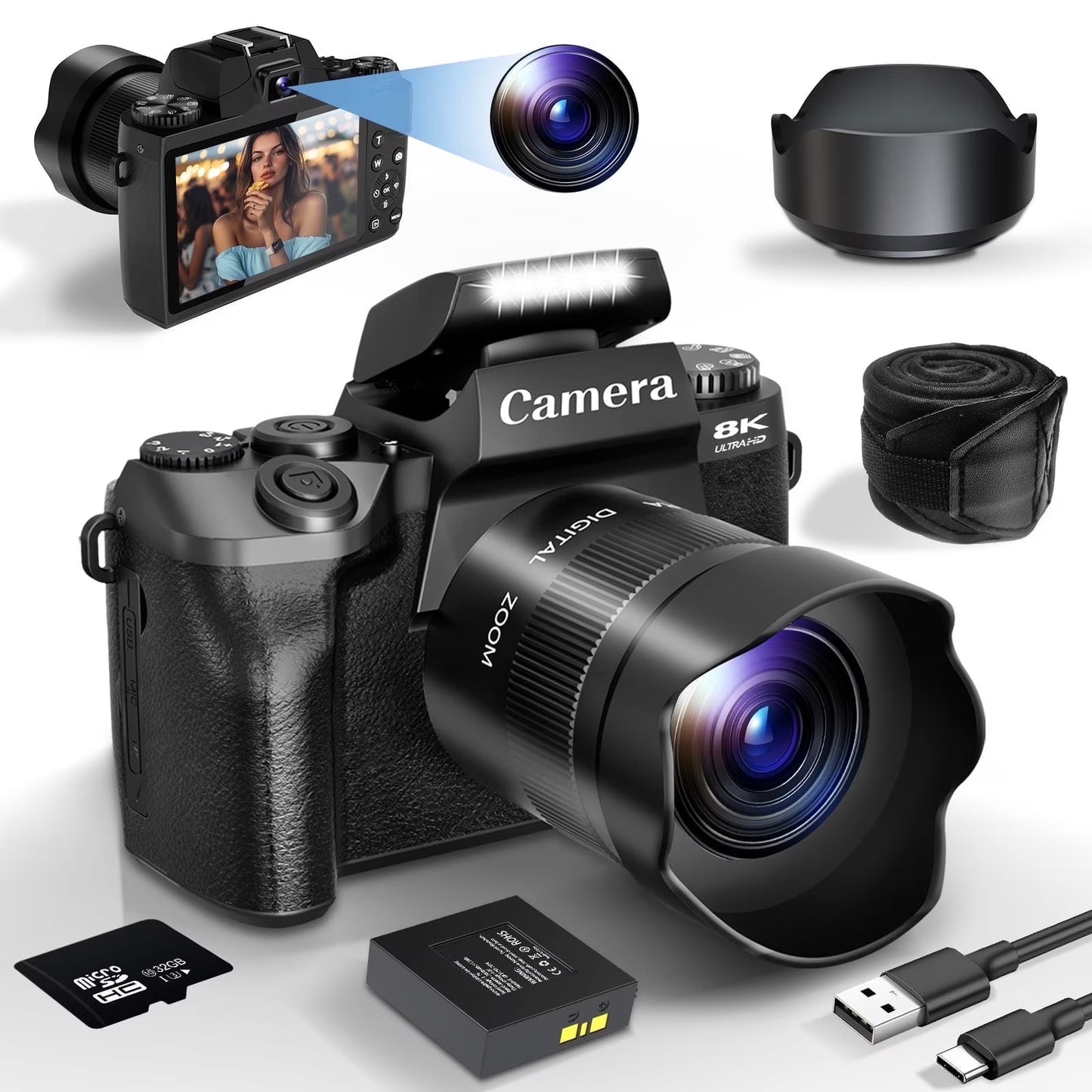 Digital Camera for Photography 8K Vlogging Camera for Youtube Dual-Lens 16X Digital Zoom Wifi Touchscreen with 3000Mah Battery & 32GB TF Card