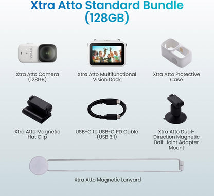 Xtra Atto Wearable 4K Action Camera (128GB), 54 G, Light and Compact, 1/1.3″ Sensor, 4K/60Fps Video, 220‑Min Max Recording, 5-Min Pre-Recording, Built-In Stabilization, 600Mb/S Fast Transfer