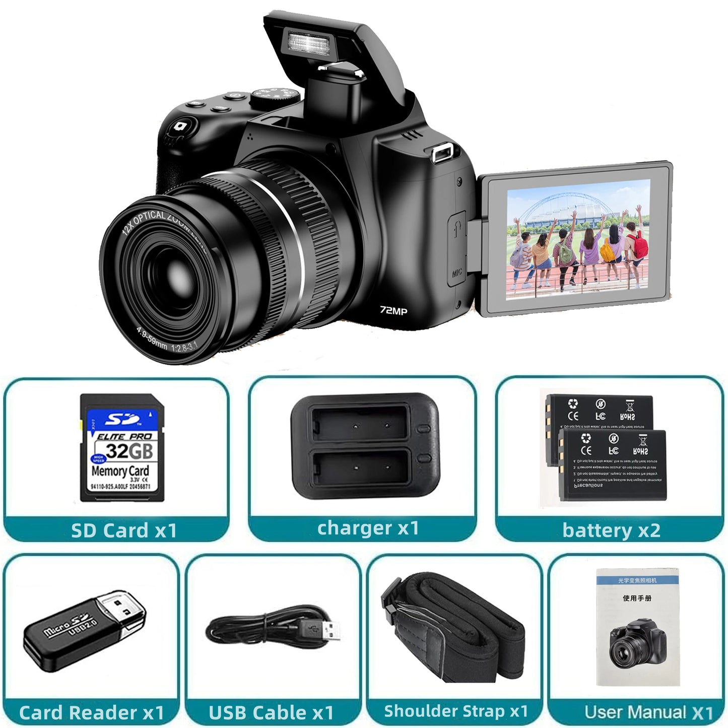 12X Optical Zoom Cameras for Photography Auto Focus 4K 72MP Digital Video Vlog Camera Wifi Livestream Camcorder 270°Flip Screen