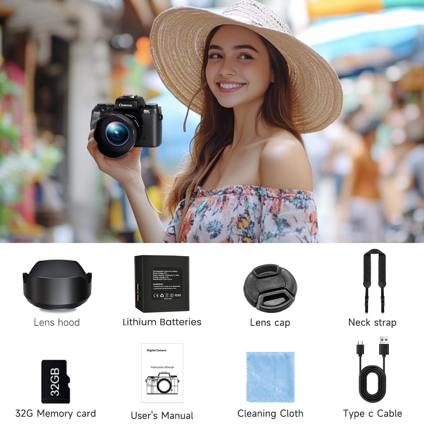 Digital Camera for Photography 8K Vlogging Camera for Youtube Dual-Lens 16X Digital Zoom Wifi Touchscreen with 3000Mah Battery & 32GB TF Card